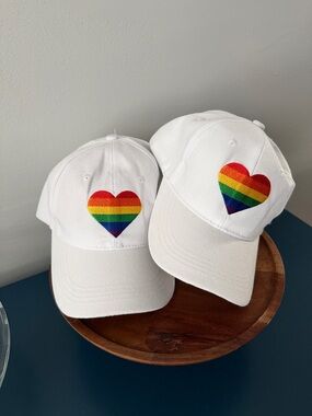 2 White Hats with Rainbow Heart Embroidery
